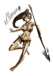 1girl 1girls barefoot big_breasts black_hair black_hair_female dark-skinned_female dark_skin female hi_res high_res high_resolution highres large_breasts league_of_legends myth1c nearly_nude nidalee ponytail ponytail_female riot_games simple_background skimpy skimpy_bikini skimpy_clothes skimpy_costume skimpy_outfit solo_female solo_focus spear strapless strapless_top strapless_topwear tribal_markings tribal_tattoo tribal_tattoos tube_top white_background