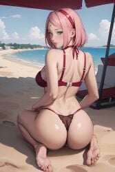 1girls ai_generated artist_name ass back bangs bare_back bare_legs bare_shoulders barefoot beach beach_umbrella bent_knees bikini blue_sky blush boruto:_naruto_next_generations bra breasts cameltoe closed_mouth clothing cloud cloudy_sky curvaceous day facial_mark feet female female_only forehead_mark forehead_protector from_behind full_body green_eyes hairband headband headwear high_resolution huge_ass kneeling lace-trimmed_bra lace_panties lace_trim large_ass large_breasts legs light-skinned_female light_skin lingerie lips looking_at_viewer looking_back mature mature_female medium_breasts milf naruto naruto_shippuden ocean outdoors pantsu parasol parted_bangs parted_lips partially_visible_vulva pink_hair posterior_cleavage red_bra red_hairband red_panties red_underwear sakura_haruno sand shadow shiny shiny_skin short_hair sideboob sitting sky solo stable_diffusion swimsuit thick_thighs thighs thong toenails toes towel umbrella underwear underwear_only very_high_resolution viewed_from_behind water wide_hips