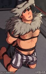 1boy 2023 bara bara_tits barazoku beard_stubble beowulf_(skullgirls) blush bondage boxers bulge bulge_through_clothing eggipus erection_under_clothes gay hairy_chest hairy_male looking_at_viewer male male_focus male_nipples male_only male_pubic_hair manly muscular_male nipples penis penis_outline skullgirls solo solo_male underwear yaoi