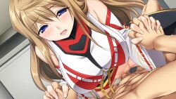 1boy blue_eyes brown_hair clothed_female_nude_male cowgirl_position female giga_(company) hand_holding hiiragi_akao jinki jinki_resurrection large_breasts long_hair miko mosaic_censoring penis pussy sex shrine_maiden straddling tsunashima_shirou vaginal_penetration