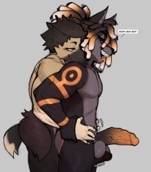 anthro asyr_(notravi) balls black_body black_fur canid canine canis dialogue dreadlocks duo erection esahma_(character) fur fur_markings genitals hi_res humanoid_genitalia humanoid_penis jackal male male/male mammal markings notravi penis sex side_view simple_background smile speech_bubble standing tail thigh_sex vein veiny_penis