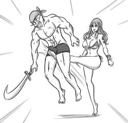 1boy arm_tattoo ball_busting ballbusting bare_legs bare_shoulders barefoot bikini bondage breasts bulge cbt cock_and_ball_torture crotch_kick female female_focus large_breasts legs long_hair male monochrome muscular muscular_male nami nami_(one_piece) navel ocigart one_piece pirate post-timeskip swimsuit sword tattoo thighs topless underwear weapon