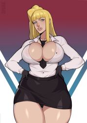 1girls 2023 absurd_res bangs big_breasts blonde_hair blue_eyes blunt_bangs capcom female female_only gloves hands_on_hips inner_sideboob kolin long_hair looking_at_viewer miniskirt necktie necktie_between_breasts office_lady open_shirt ponytail shirt skirt solo street_fighter street_fighter_iii street_fighter_iii:_3rd_strike street_fighter_iii_(series) street_fighter_v thick_thighs thigh_gap very_high_resolution zpark