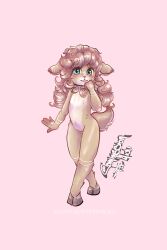 absurd_res anthro aqua_ayes black_nose blue_eyes blush cloven_hooves countershading deer female flat_chested fur fur_markings genital_outline hair hand_on_chin hi_res hooves kemono kurojesterhead looking_at_viewer mammal markings nude pink_hair solo tan_body tan_fur walking walking_towards_viewer young