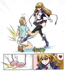 1boy ball_busting ballbusting belt black_thighhighs blazblue blonde_hair bondage boots breasts cape cbt cock_and_ball_torture crotch_kick female femdom hair_ornament heart legs long_hair midriff miniskirt navel noel_vermillion ocigart skirt small_breasts speech_bubble testicles thighhighs thighs