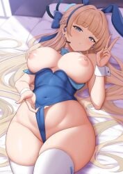 1girls blonde_hair blue_archive blue_eyes blue_leotard breasts_out bunny_ears bunny_girl bunnysuit female highleg_leotard leotard light-skinned_female light_skin long_hair millennium_science_school_student nipples on_bed peace_sign pulling_clothing thick_thighs thighs toki_(blue_archive) toki_(bunny)_(blue_archive) yasojima_nejiro