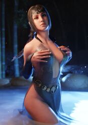 1girls 3d 3d_(artwork) armwear baldur's_gate baldur's_gate_3 bare_shoulders billyhhyb black_hair blender_(software) braid breasts dress dungeons_and_dragons female female_focus female_only hair_ornament half-closed_eyes highres hot_spring long_hair looking_at_viewer medium_breasts night no_bra no_panties outdoors parted_lips revealing_clothes scar sfw shadowheart side_slit single_braid tiara water