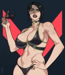 1girls 2023 bikini breast_squish female female_only fit fit_female green_eyes hand_on_hip looking_at_viewer narrowed_eyes riot_games shaded solo valorant very_high_resolution viper_(valorant) zpark