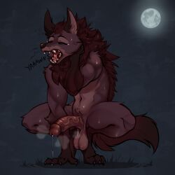 2023 anthro balls bodily_fluids canid canine closed_eyes digital_media_(artwork) dripping erection fangs fur genital_fluids genitals hi_res juantriforce male mammal moon nude open_mouth precum precum_drip quentin_(juantriforce) solo teeth tongue were werecanid werecanine werewolf yawn