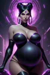 ai_generated big_breasts black_hair choker cleavage gloves hair_buns hoop_earrings hoop_earrings_oversized magic milf pale-skinned_female pale_skin pregnancy pregnant shiny_hair thick_thighs thong tight_clothes tight_clothing tight_fit villogorath wide_hips