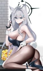 1girls absurdres abydos_high_school_student ahoge animal_ears ass bare_shoulders blue_archive breasts bunny_tail bunnysuit expressionless fake_tail female gcg gold grey_hair gun hair_ornament handgun heterochromatic_pupils high_heels highres impossible_clothes large_breasts leotard long_hair looking_at_viewer mismatched_pupils pantyhose shiroko_(blue_archive) shiroko_(terror)_(blue_archive) sideboob solo tail trigger_discipline very_long_hair weapon wolf_ears wolf_girl wrist_cuffs