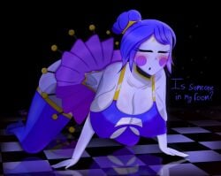 ballora ballora_(fnafsl) ballora_(fnia) big_breasts blue_hair blush cleavage closed_eyes clothed clothed_female five_nights_at_freddy's five_nights_at_freddy's:_sister_location five_nights_in_anime gothtrishy huge_breasts solo thick_thighs white_skin