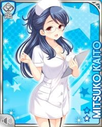 1girls blue_hair breasts button_dress card card_(medium) clipboard dress garter_straps girlfriend_(kari) glasses holding_clipboard kaito_mitsuko large_breasts long_hair looking_at_viewer nurse nurse_cap nurse_uniform official_art pockets qp:flapper red_eyes white_dress