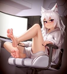 1girls bare_legs barefoot cat_ears catgirl chair clothing feet foot_fetish greek_toe kairuhentai kairunoburogu purple_eyes shiro_(lpshiro) soles solo_female staring_at_viewer thighs white_hair