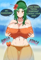 1girls alternate_costume ass_visible_through_thighs bare_arms bare_midriff bare_shoulders bare_thighs beach bouncing_breasts breast_grab breast_hold breasts cleavage codenamedeepthroat collarbone completely_nude covered_nipples curvy double_breast_grab elincia_ridell_crimea elincia_ridell_crimea_(summer) english_text female fire_emblem fire_emblem:_path_of_radiance fire_emblem:_radiant_dawn fire_emblem_heroes flower green_hair grin groping hair_flower hourglass_figure huge_breasts inviting inviting_to_sex looking_at_viewer mature mature_female midriff motion_lines nintendo nipples nude nude_female ocean official_alternate_costume orange_bikini orange_eyes orange_swimsuit outdoors partially_visible_vulva presenting presenting_breasts sarong seductive see-through short_hair shoulders smile sound_effects suggestive talking_to_viewer text thick_thighs thighs voluptuous wet wide_hips