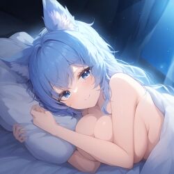 agamou ai_generated aigbrea bed blue_eyes blue_hair fox_ears fox_girl night on_bed pillow under_covers