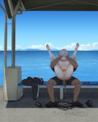 1boy 1girls absurdres after_sex anastasia_(idolmaster) anus bench blue_eyes blue_sky blush breasts censored clothed_male_nude_female cloud commission completely_nude crocs cum cum_pool dark-skinned_male dark_skin feet female flaccid folded full_body full_nelson full_nelson_(legs_held) gokome grey_hair highres humanoid_genitalia humanoid_penis humanoid_pussy idolmaster idolmaster_cinderella_girls interracial large_breasts large_penis male male/female mosaic_censoring muscular muscular_male navel nipples nude ocean open_mouth outdoors penis pussy short_hair skeb_commission sky stomach straight sweat unworn_clothes