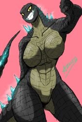 1girls anthro big_breasts cfemale female_only gigantic_breasts godzilla godzilla_(series) huge_breasts hxveuseenmypen kaiju looking_at_viewer monsterverse muscular_female old_art pink_background rule_63 scales smiling smiling_at_viewer tail thick_thighs thighs thunder_thighs