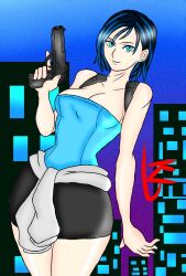 1girls asian black_hair blue_eyes blue_hair clothed cosplay el_diario_de_jonathan female gun holding_object japanese jill_valentine_(cosplay) kb_arts outdoors resident_evil selene_(eddj) short_hair solo solo_female two_tone_hair weapon