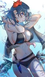 1girls alternate_costume bare_arms bare_shoulders belt bikini black_belt black_bikini black_swimsuit blue_background blue_eyes blue_hair breasts byleth_(female)_(fire_emblem) byleth_(female)_(summer)_(fire_emblem) byleth_(fire_emblem) byleth_(fire_emblem)_(female) cleavage commentary_request cowboy_shot dagger female female_only fire_emblem fire_emblem:_three_houses fire_emblem_heroes flower gradient_background hair_flower hair_ornament highres kazu20200224 knife large_breasts long_hair looking_at_viewer navel nintendo official_alternate_costume parted_lips red_flower solo standing stomach swimsuit thighs weapon