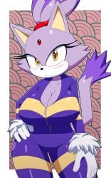 abstract_background alternate_costume blaze_the_cat blush cleavage forehead_jewel huge_breasts kojiro-brushard looking_at_viewer sonic_(series) sonic_riders