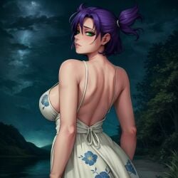 ai_generated everlasting_summer lena_(everlasting_summer) looking_at_viewer looking_back purple_hair solo