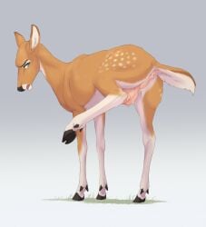 after_transformation animal_genitalia anus bodily_fluids cervine_genitalia cervine_pussy cloven_hooves crying deer female feral fur genitals hi_res hooves kamilazu mammal one_leg_up raised_leg rear_view solo standing tan_body tan_fur tears teats udders