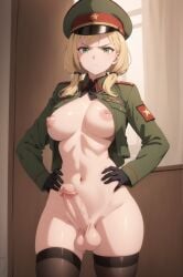 ai_generated annoyed black_legwear black_stockings blonde_hair breasts erection female_soldier futa futanari_solider legwear looking_at_viewer military military_hat military_jacket military_uniform penis soviet stockings testicles twintails veiny_penis