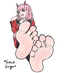 1girls barefoot darling_in_the_franxx feet female female_only foot_fetish foot_focus fully_clothed legs legs_crossed lewdsaiga looking_at_viewer pink_hair pink_nails pink_toenails pov_feet simple_background soles tagme toes zero_two_(darling_in_the_franxx)