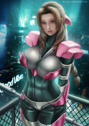 1girls aerith_gainsborough armor armored_bodysuit arms_behind_back billygrilly bodysuit braided_ponytail breasts brown_hair city_background female female_only final_fantasy final_fantasy_vii fully_clothed green_eyes large_breasts looking_at_viewer pink_armor ponytail solo