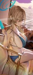 1girls ass asuna_(blue_archive) bikini blonde_hair blue_archive blue_bikini blue_eyes blue_swimsuit breasts chair cleaning_&_clearing_(blue_archive) hair_over_one_eye halo holding_popsicle large_breasts long_hair looking_at_viewer midriff millennium_science_school_student nanaken_nana navel popsicle sitting_on_chair sunset swimsuit