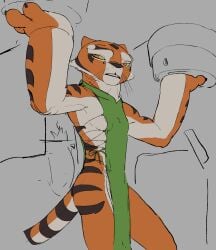 anthro breasts claws clothing dreamworks dress felid female fur holding_object kung_fu_panda mammal master_tigress matchattea multicolored_body multicolored_fur nipples orange_body orange_fur pantherine red_eyes revealing_clothes revealing_side_view solo tiger two_tone_body two_tone_fur whiskers