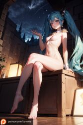 ai_generated blue_eyes blue_hair breasts castle crossed_legs deck hand_up hatsune_miku indoors lantern long_hair luname night nighttime nipples nude sky space star stars stone_wall vocaloid