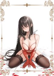 1girls black_hair blush bra breasts cleavage garter_belt garter_straps gloves highres large_breasts lingerie long_hair looking_at_viewer original panties petals purple_hair shizuko_hideyoshi smile spread_legs underwear very_long_hair wariza