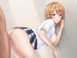 1girls against_wall ass blonde_hair butt checkered_skirt clothed_female_nude_male cute doggy_style female ginger isshiki_iroha medium_hair my_teen_romantic_comedy_snafu no_panties orange_hair pale-skinned_female school_uniform schoolgirl skirt teenager tight_pussy uncensored vaginal_penetration vodka13 yellow_eyes