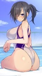 1girls ass black_hair blue_eyes blue_sky blush breasts competition_swimsuit day from_behind hair_over_one_eye large_breasts looking_at_viewer nonaga_(shiro_maru) one-piece_swimsuit ponytail pool poolside shiro_maru sitting sky solo swimsuit wet white_one-piece_swimsuit