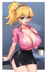 1girls blonde_hair blue_eyes breasts cleavage darkmoney1 female huge_breasts light-skinned_female light_skin long_hair mario_(series) nintendo office_lady pencil_skirt ponytail princess_peach smile thick_lips thick_thighs