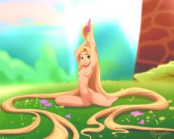 1girls absurdly_long_hair absurdres arms_up barefoot barefoot_on_grass blush breasts casual casual_nudity disney feet female green_eyes highres human long_hair looking_at_viewer nature navel nipples nude outdoors pale_skin parted_lips pussy rapunzel sequestro solo tangled text very_long_hair