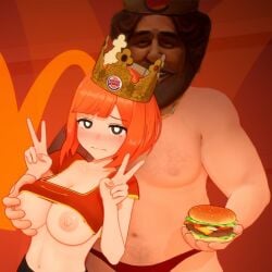 1boy 1girls 3d anna_anon bangs black_eyes blush breast_grab breasts burger burger_king crop_top crown double_v female food grabbing grabbing_from_behind happy_meal holding holding_food large_breasts looking_at_viewer male mcdonald's mom_(japanese_mcdonald's_commercial) navel netorare nipples orange_hair red_hair red_shirt short_hair straight the_king_(burger_king) v wavy_mouth yoru_mac