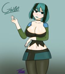 bored_expression goth goth_girl gothtrishy gradient_background green_eyes green_hair green_lipstick gwen_(tdi) huge_breasts lipstick long_sleeves looking_away nail_polish ripped_clothing short_hair skirt thick_thighs total_drama_island tummy