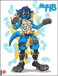 abs anthro black-rat black_body black_fur blue_body blue_fur briefs canid canine claws clothing fur generation_4_pokemon lucario male male_only mammal nintendo paws penis pokemon pokemon_(species) red_eyes solo species_transformation spikes tan_body tan_fur torn_clothing transformation underwear