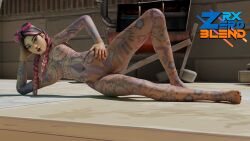 1girls 3d beach_jules breasts emote female female_only fortnite goggles goggles_on_head hand_on_hip jules_(fortnite) laying_on_side looking_at_viewer multicolored_hair nose_ring nude nude_female pigtails pussy rxzeroblend solo tagme tattoo tattoos