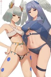 2girls :3 alternate_costume asymmetrical_docking bare_shoulders bikini blue_bikini blue_eyes blue_swimsuit bob_cut body_markings breasts busty cat_ears catgirl cleavage confident curvy female female_only hand_on_hip head_wings highres hips hourglass_figure kitsunemimi large_breasts long_hair looking_at_viewer melia_antiqua midriff milf monolith_soft navel nia nia_(xenoblade) nintendo queen royalty short_hair silver_hair slim_waist small_breasts smug standing swimsuit thick_thighs thigh_strap thighs very_long_hair voluptuous white_bikini wide_hips wings xenoblade_(series) xenoblade_chronicles_3 yellow_eyes zelc-face