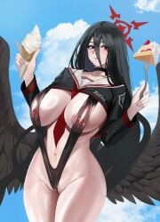 1girls absurdres between_breasts black_hair blue_archive blush breasts cake cake_slice choker cleavage covered_nipples cowboy_shot day female food fork gcg hair_between_eyes halo hasumi_(blue_archive) highres ice_cream justice_task_force_(blue_archive) large_breasts long_hair long_sleeves looking_at_viewer low_wings navel outdoors parted_lips red_eyes red_halo school_uniform see-through sling_bikini solo swimsuit swimsuit_under_clothes thighs trinity_general_school_logo_(blue_archive) trinity_general_school_student very_long_hair wings