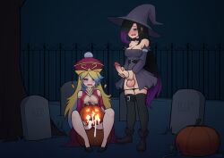 2futas balls bell_namo big_breasts big_penis black_hair blonde_hair bottomless breasts clothed clothing cum duo erection futa_only futa_with_futa futanari green_eyes halloween human jerkingoff jiangshi_costume light-skinned_futanari light_skin long_hair masturbation mostly_clothed original_character outdoors partially_clothed penis pumpkin pumpkin_masturbation sitting standing two_tone_hair u028 witch_costume witch_hat