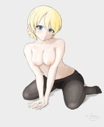 arm_support blonde_hair blue_eyes blush braid breasts darjeeling female girls_und_panzer kamonabe_(sodosodobanban) large_breasts looking_at_viewer nipples pantyhose seiza short_hair sitting solo topless