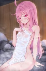 1girls armpit blush breasts eien_project female female_only hot_spring kiki_lockheart light-skinned_female light_skin looking_at_viewer lunarisbloom_(artist) onsen outdoors pink_eyes pink_hair small_breasts smile solo towel towel_only virtual_youtuber wet wet_towel