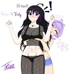 1femboy 1girls 1other ambiguous_gender big_breasts black_eyes black_hair black_panties breasts femboy femboy_on_female fishnet_legwear fishnets from_behind girly goth goth_girl gothtrishy half-dressed half_naked komi-san_wa_komyushou_desu lifting_breasts nail_polish osana_najimi purple_hair self_insert shorts stomach surprised surprised_expression swimsuit text tummy