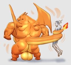 anon anthro ass back_muscles balls bara big_balls charizard duo gay generation_1_pokemon genitals hi_res huge_balls human hyper hyper_balls hyper_genitalia lotolotl male male/male mammal muscular muscular_anthro muscular_male muscular_thighs nintendo non-mammal_balls pokemon pokemon_(species) smug_face wings