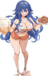 1girls :d alcohol alternate_costume beer beer_mug blue_eyes blue_hair booty_shorts breasts chicken_wing chicken_wings cleavage collarbone cup employee_uniform english_commentary female fire_emblem fire_emblem_awakening foam full_body hair_between_eyes highres holding holding_cup holding_object holding_plate hooters hooters_uniform large_breasts leaning_forward light-skinned_female light_skin long_hair looking_at_viewer lucina_(fire_emblem) midriff mug navel nintendo orange_shorts owl_print plate print_tank_top rakeemspoon short_shorts shorts smile solo standing tank_top thighs tiara uniform upper_body waitress white_background